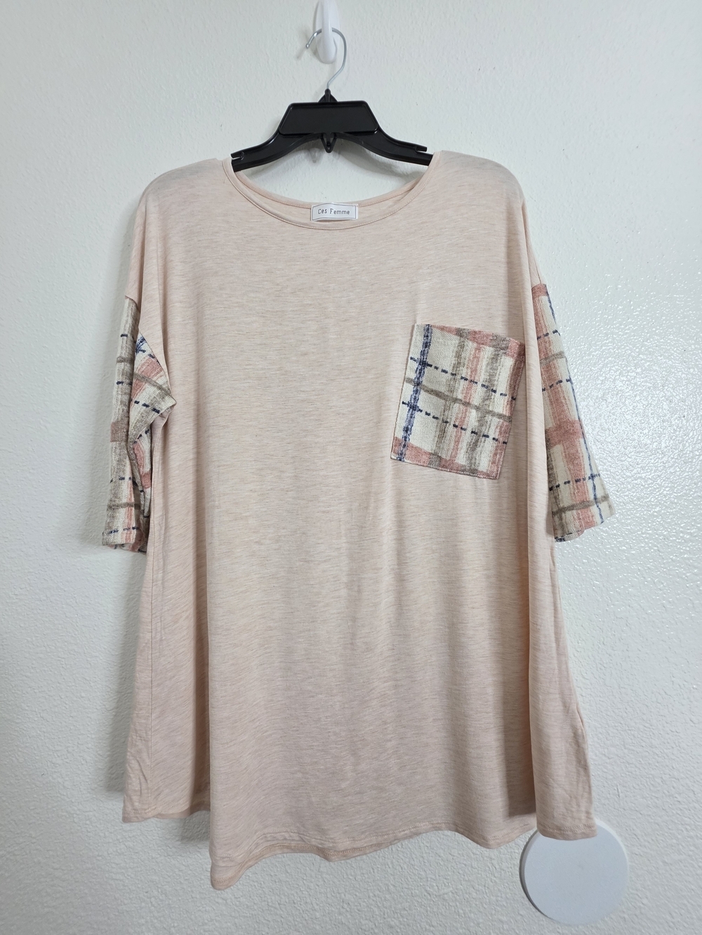 Ces Femme Womens Plaid Contrast Sleeve Pocket Top Medium Blush Pink - Picture 7 of 13